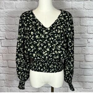 ee:some Women's M Black Floral Smocked Blouse Cottagecore Chic